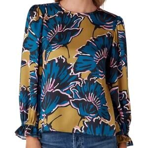 Women's NWT Crosby Mollie Burch James Crepe de Chine Floral Blouse Marigold L